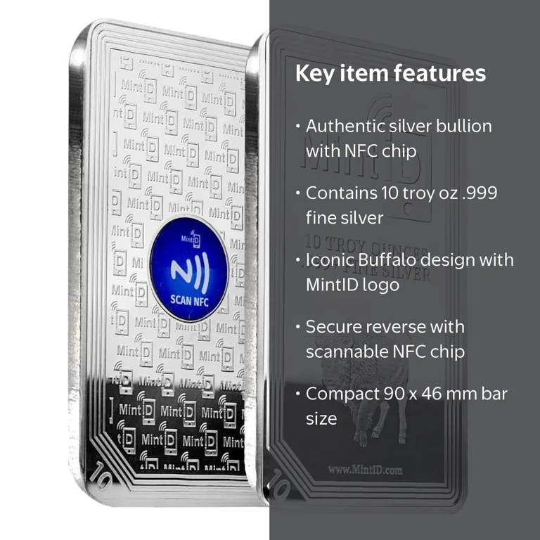 MintID 10 oz Buffalo Silver Bar, .999+ Fine, NFC Encryption for