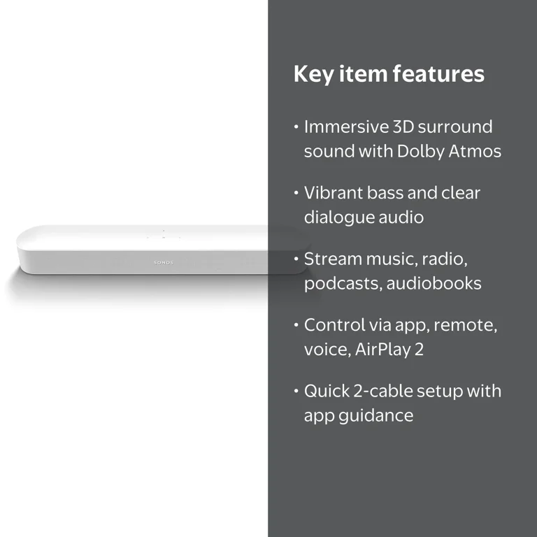 Sonos, Sonos Beam (Gen 2) Smart Sound Bar, Dolby Atmos, White