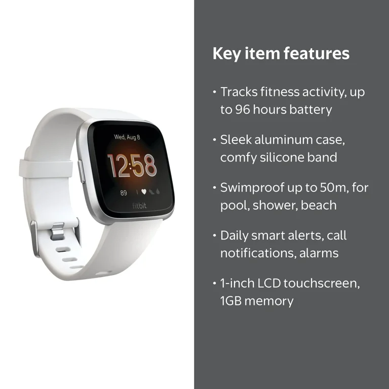 Fitbit Versa Lite Edition Smartwatch, Silver Aluminum, White Band