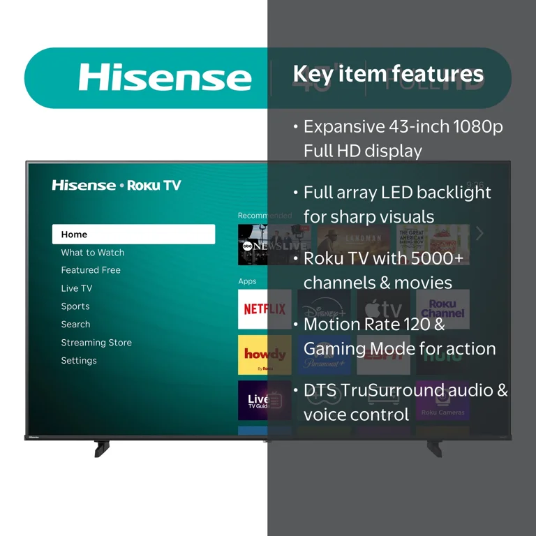Hisense, 43-Inch Class H4 Series FHD Roku Smart TV (43H4030F3