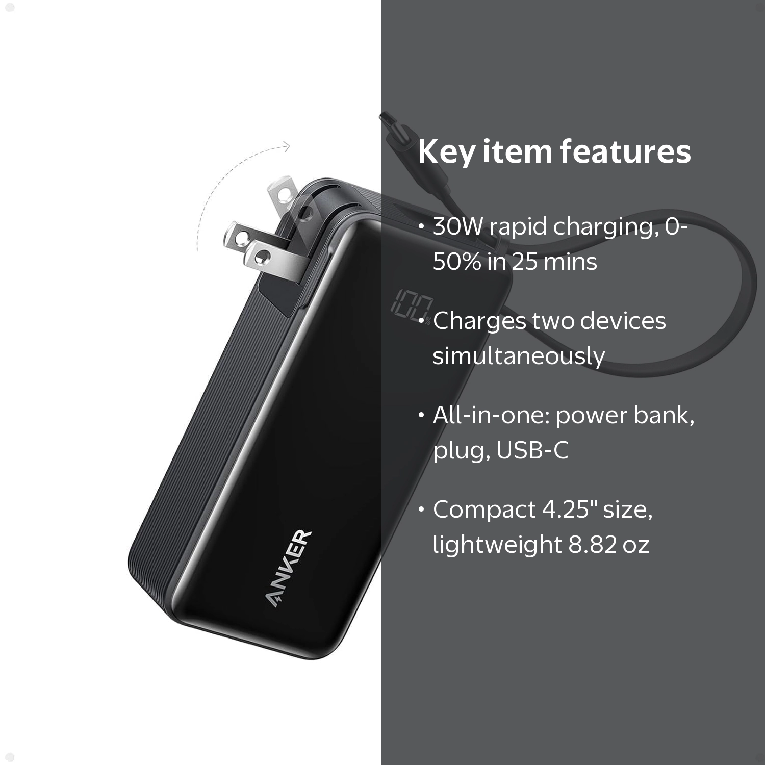 Anker, Nano 3-in-1 Portable Charger, 10,000mAh, 30W Fast Charge