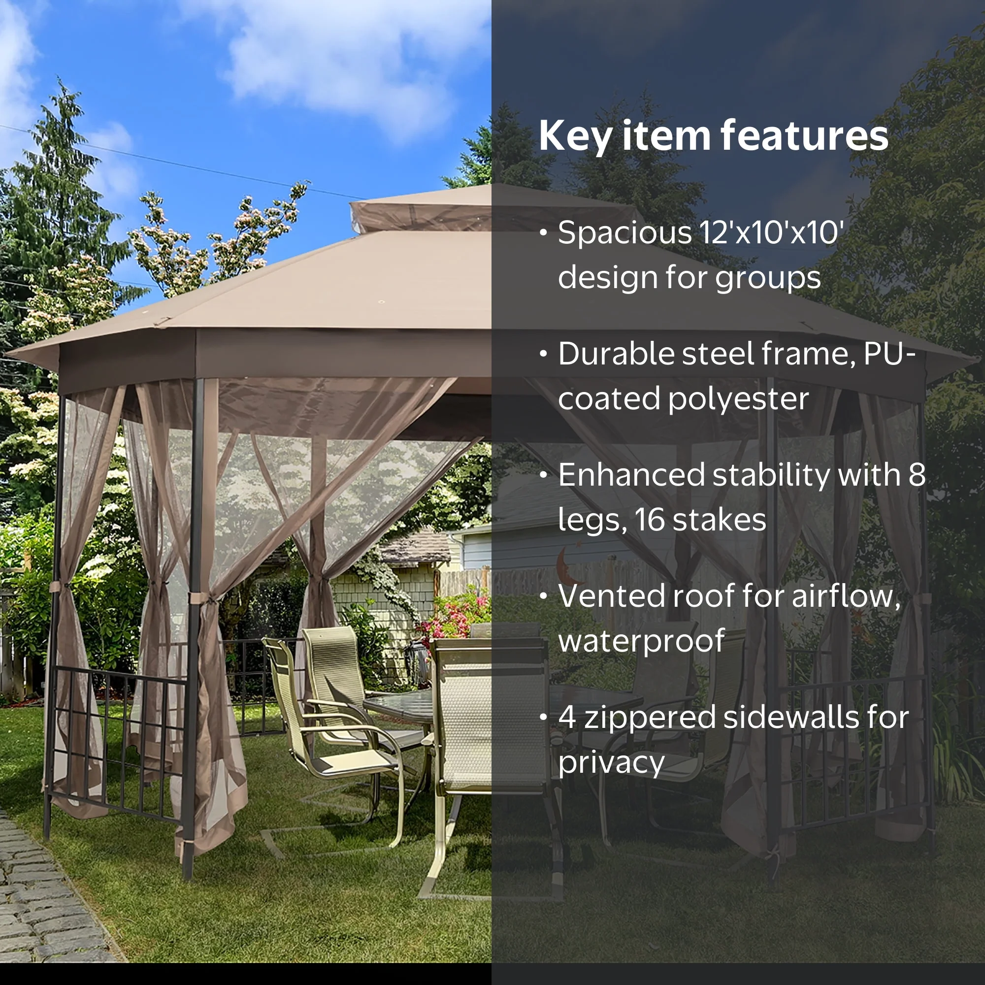 Costway, Octagonal Patio Gazebo, 10x12, Brown with Netting