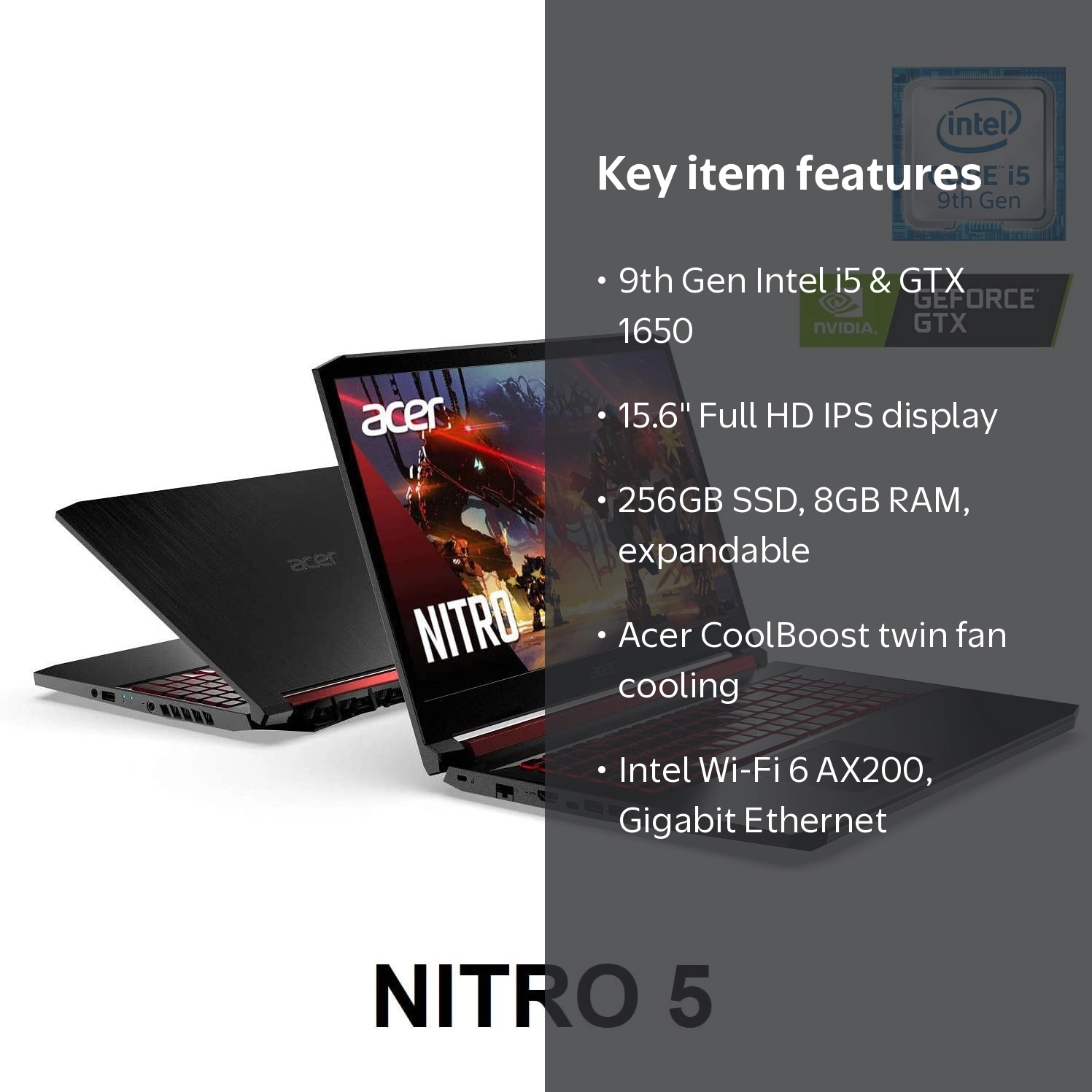 Acer Nitro 5 Gaming Laptop, 9th Gen Intel i5, NVIDIA GTX 1650