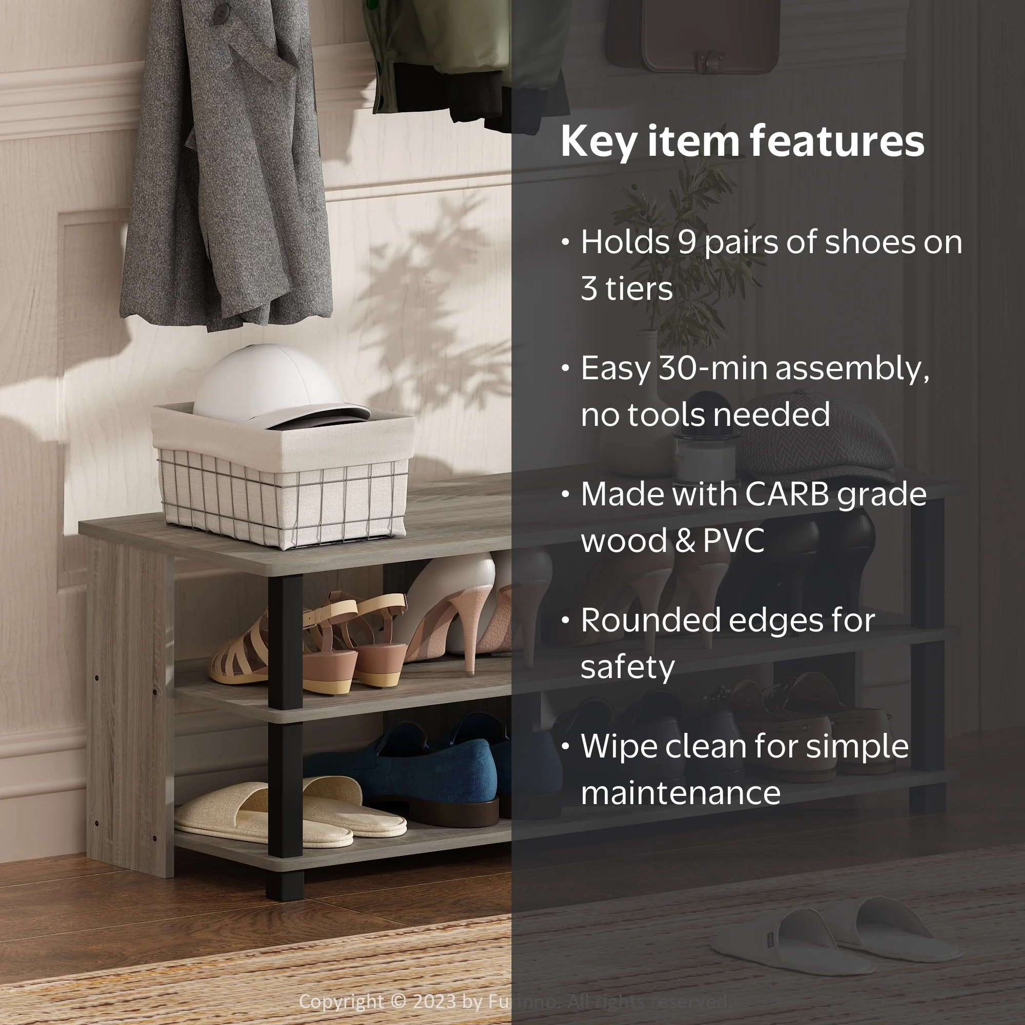 Furinno Turn-N-Tube 3-Tier Compact Open Storage Shoe Rack for