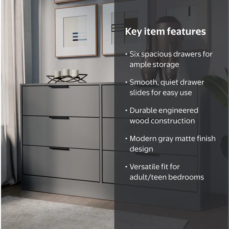 Kappesberg Fresno Modern 6-Drawer Dresser, Gray – Bedroom Storage