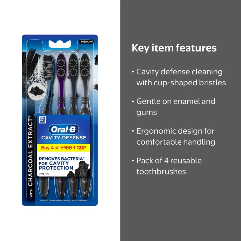 Oral-B, Cavity Defense 123 Black Toothbrush, 4 Pack Medium