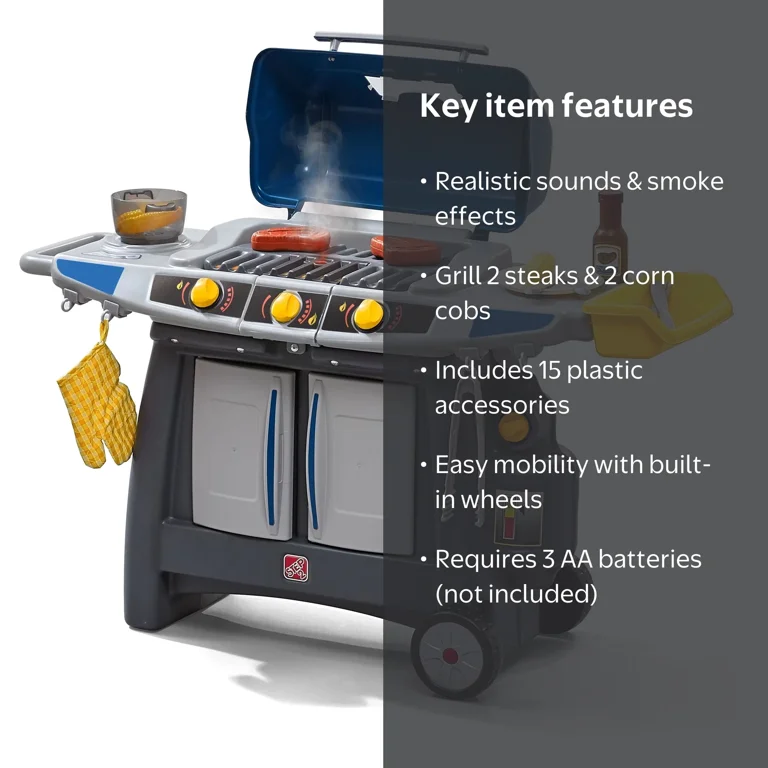 Step2 Sizzle & Smoke Barbecue Blue Toddler Grill Playset with 15