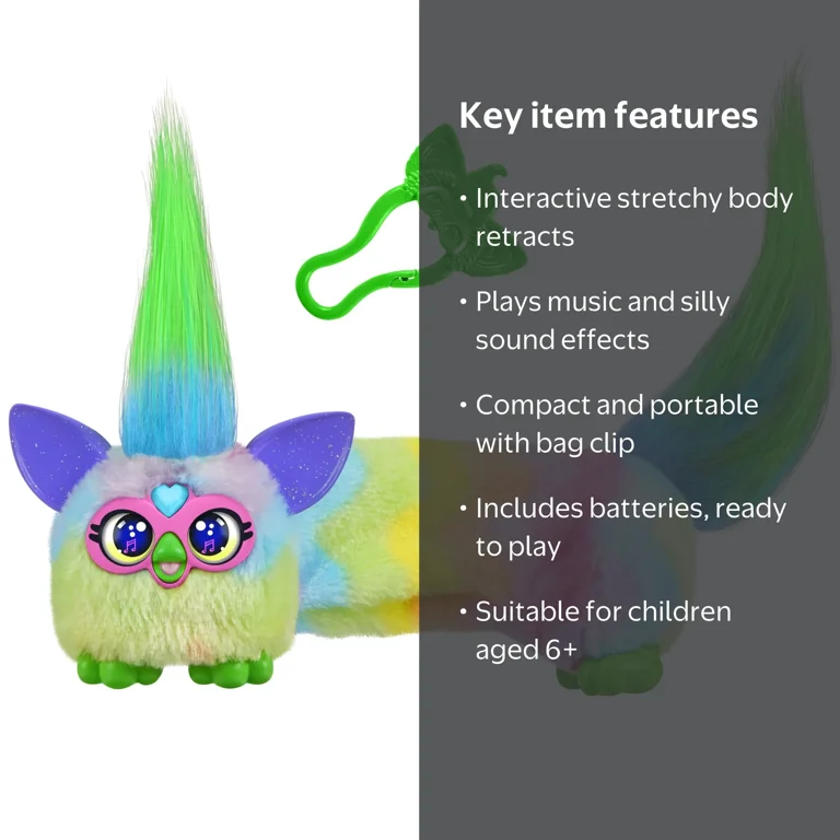 Furby, DJ Furblets Mini Plush Toy, Can-Dee-Swirl, Plays Music, 6