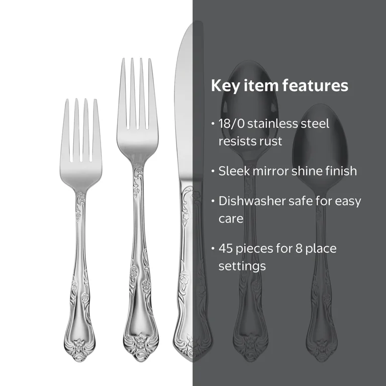 Oneida, Flatware Set, Azalea 45-Piece Service for 8, Mirror Finish