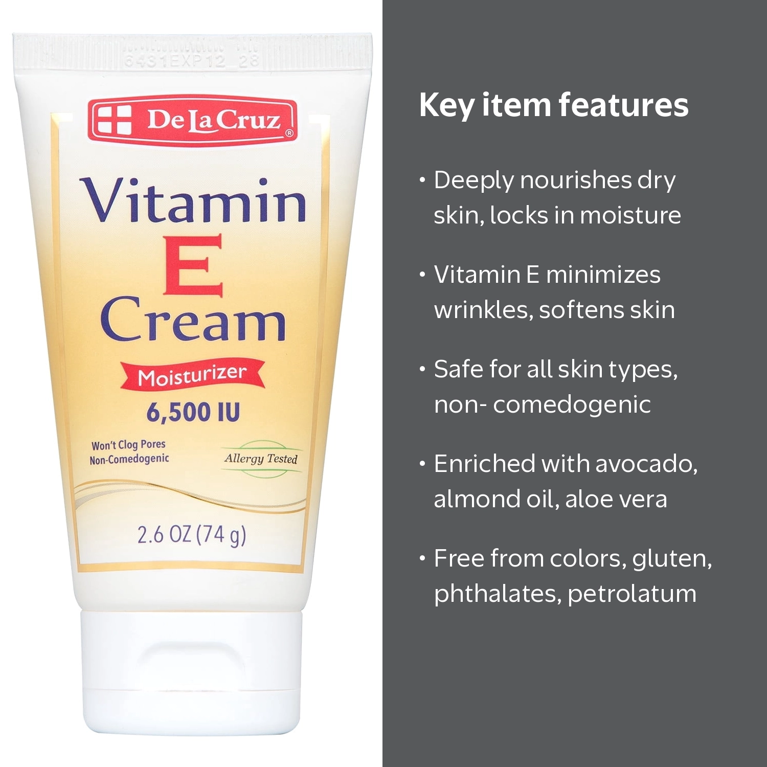 De La Cruz Vitamin E Cream, Face Moisturizer with Aloe and Avocado