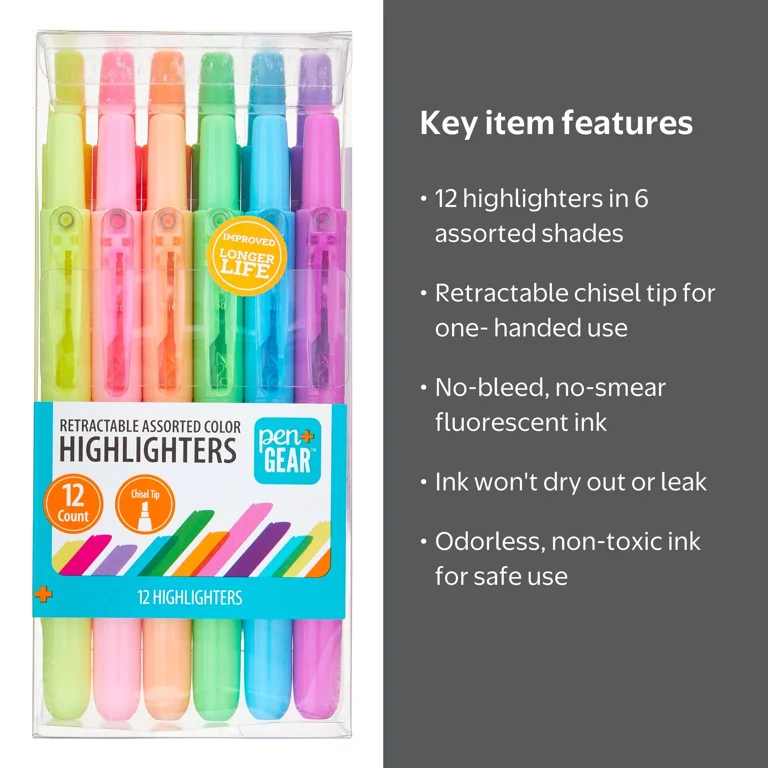 Pen+Gear Retractable Highlighters Chisel Tip Assorted Neon Colors