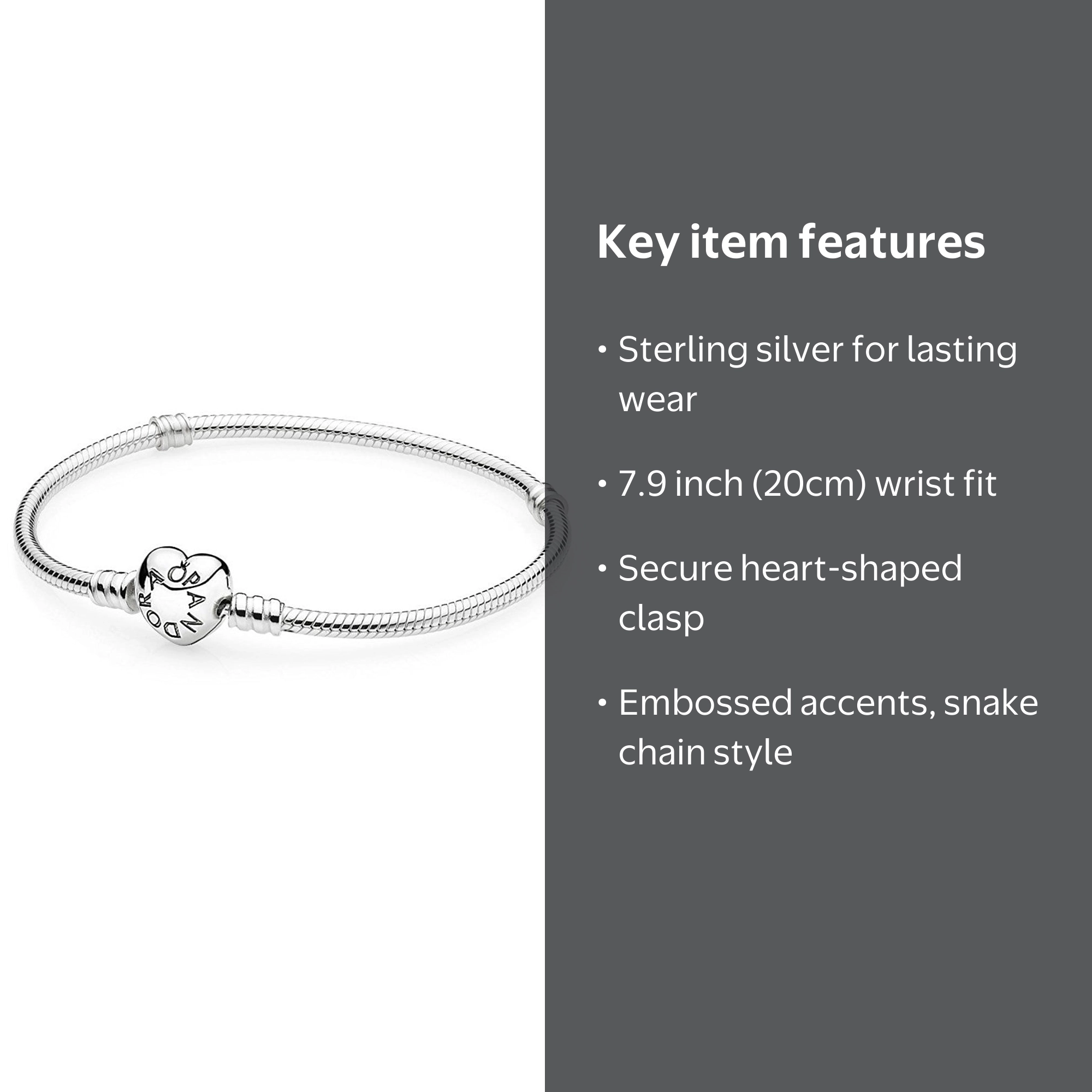 PANDORA, Silver Bracelet, Heart Clasp, 7.9‚Äù/20cm snake chain