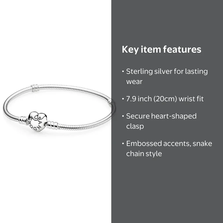 PANDORA, Silver Bracelet, Heart Clasp, 7.9‚Äù/20cm snake chain
