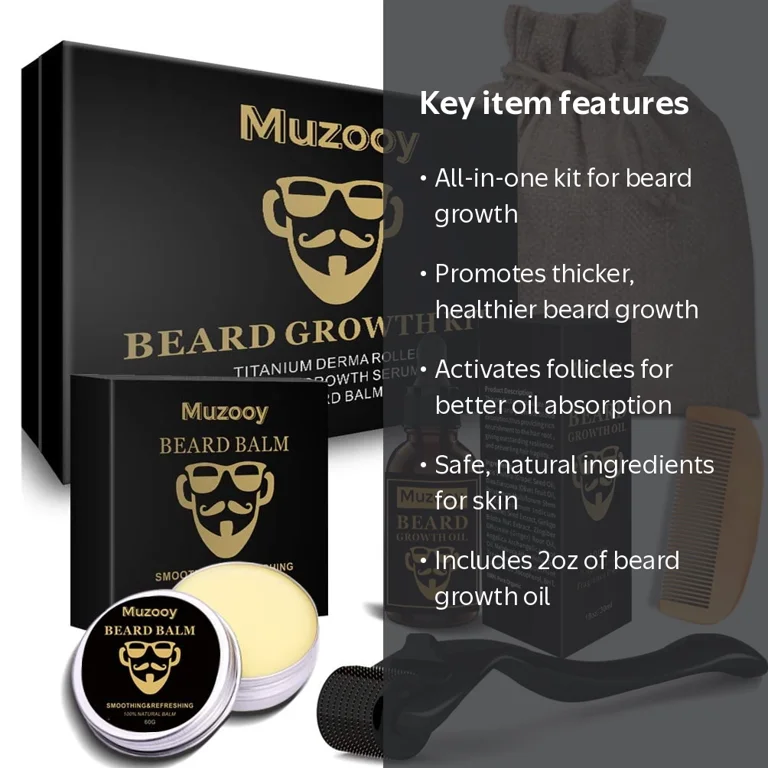 MUZOOY Beard Growth Kit, Beard Oil Serum, Beard Roller, Balm, Comb
