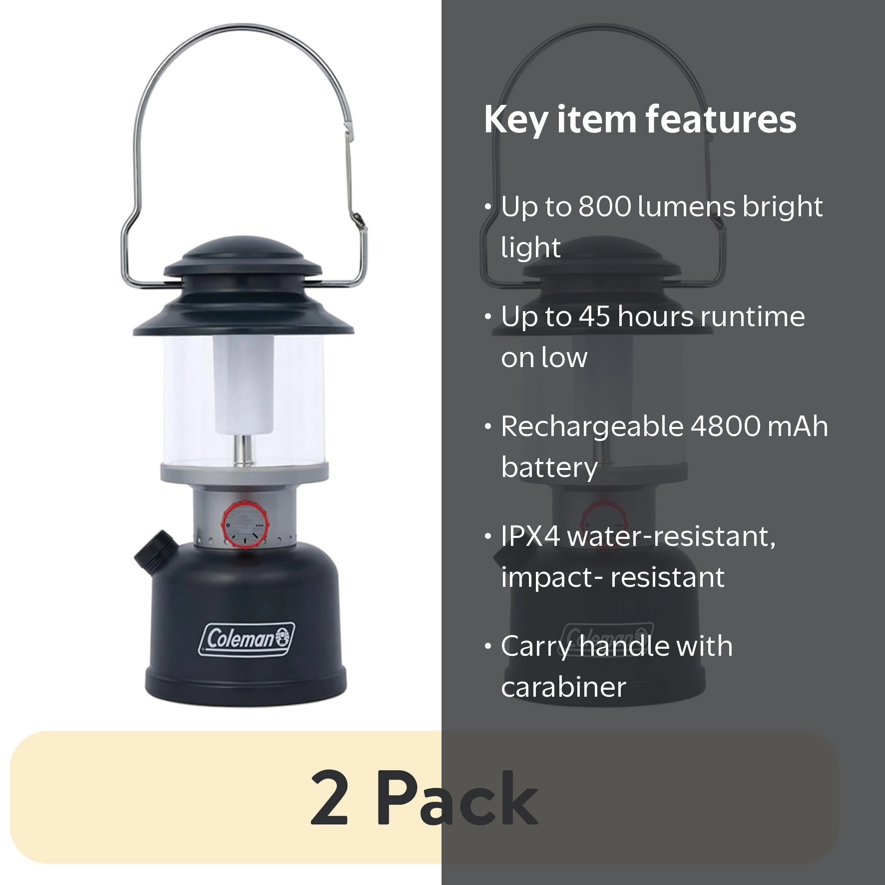 2 pack) Coleman Classic Recharge LED Lantern - 800 Lumens - Black