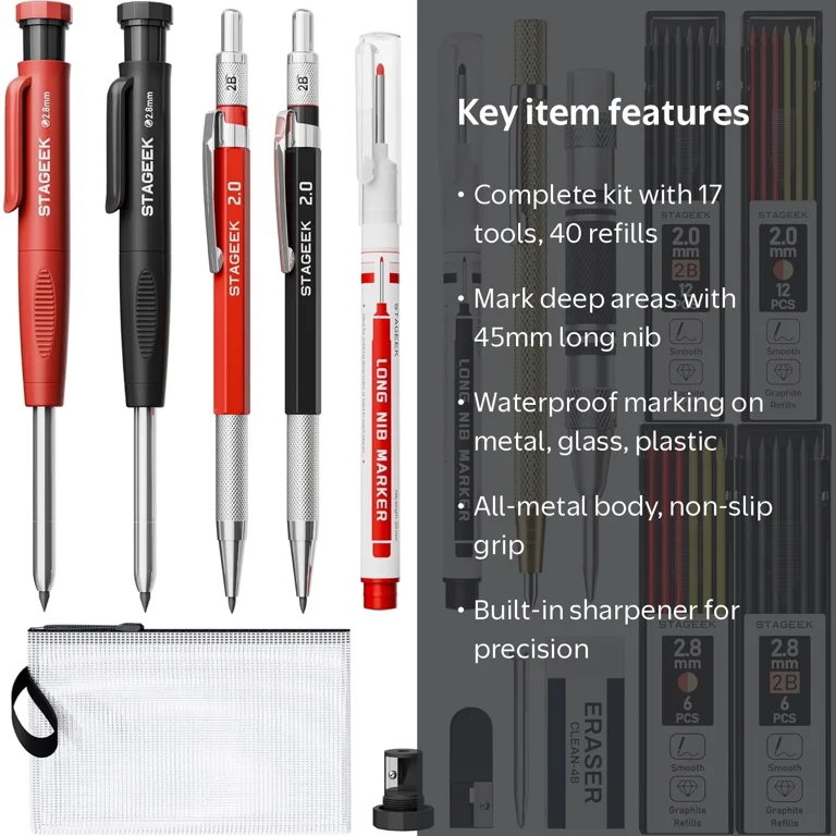 STAGEEK 17 Pack Mechanical Carpenter Pencil Set with Sharpener 40