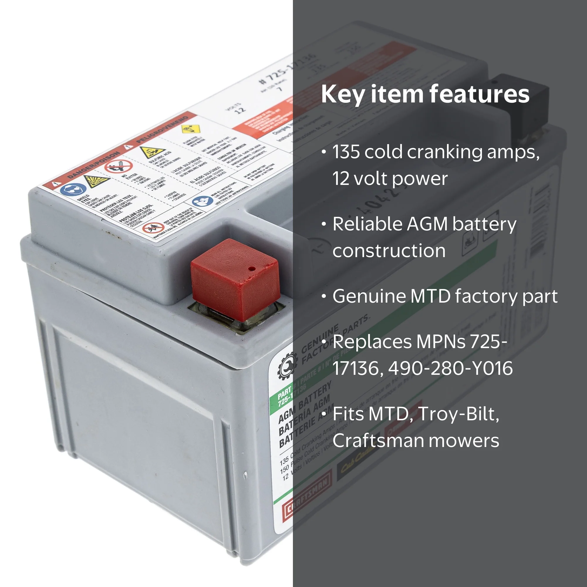 MTD, AGM Battery, 135CCA 12 Volt, Compatible with Craftsman Troy