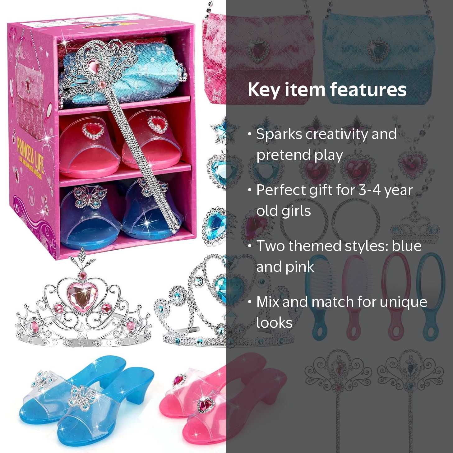 Toy Life Princess Dress Up Shoes for Girls, Play Set with Tiaras