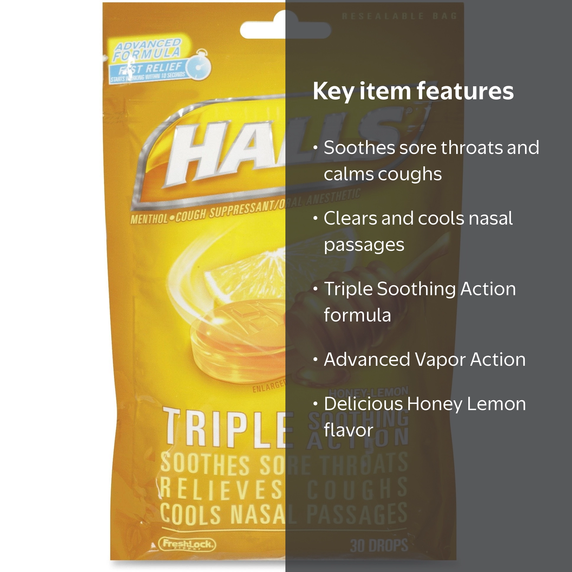 Halls Triple Soothing Action Cough Drops, Honey Lemon 30ct