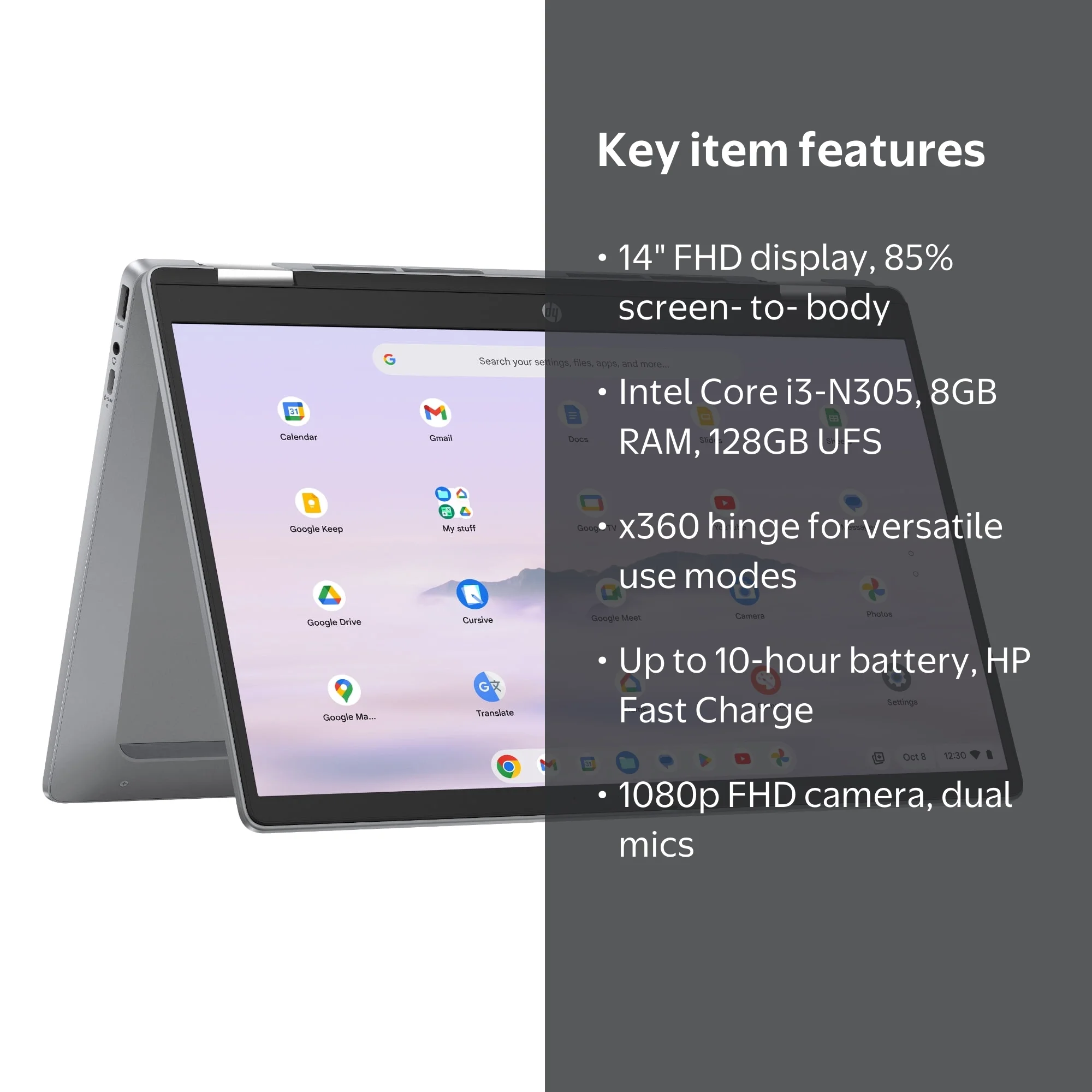HP, Chromebook Plus x360, 14 inch, FHD Touch, AI Intel Core i3