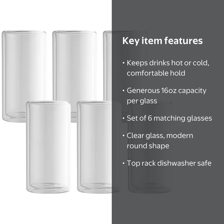 Thyme & Table 16 fl oz Clear Double Wall Glasses Set of 6
