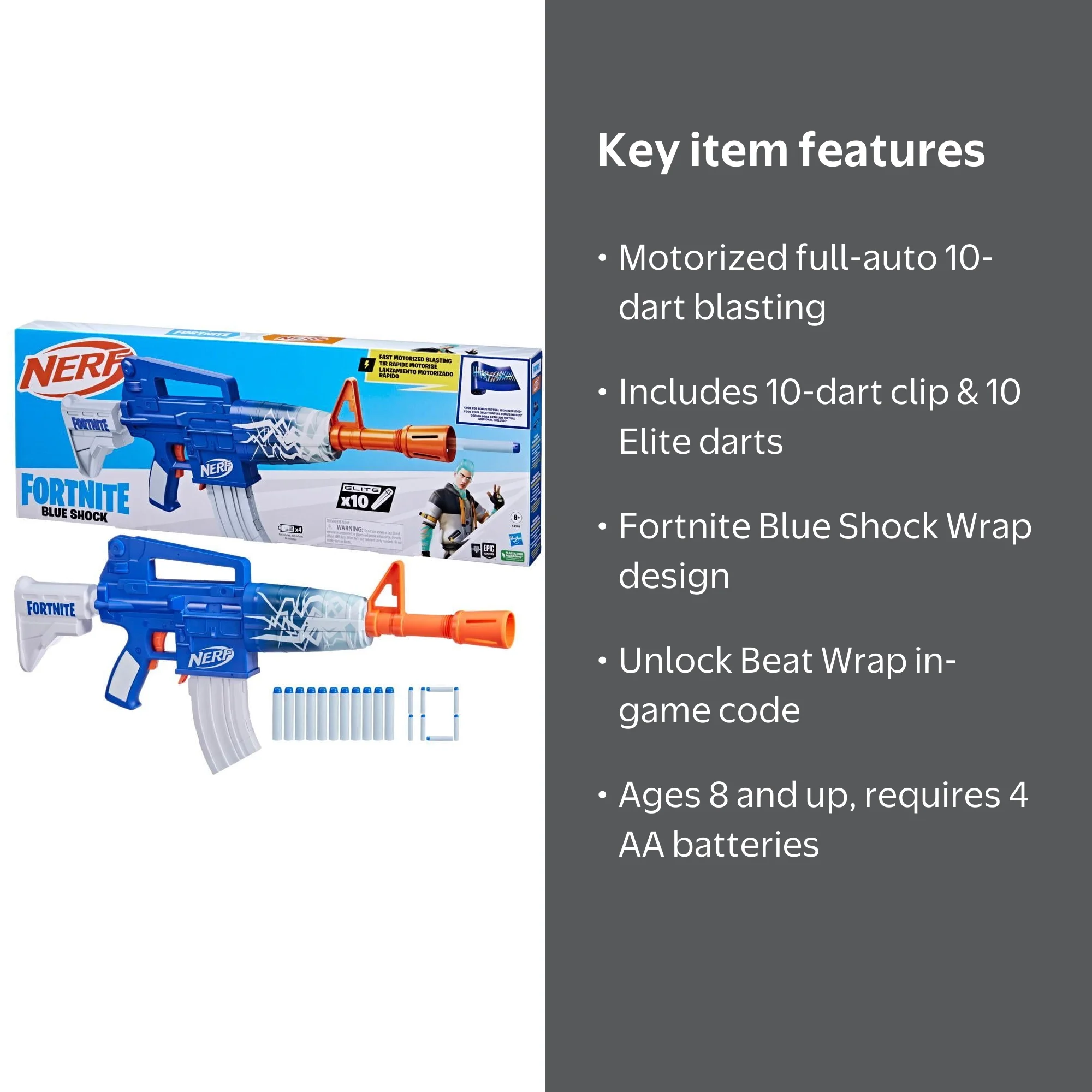 Nerf Fortnite Blue Shock Dart Blaster, 10-Dart Clip, Elite Darts