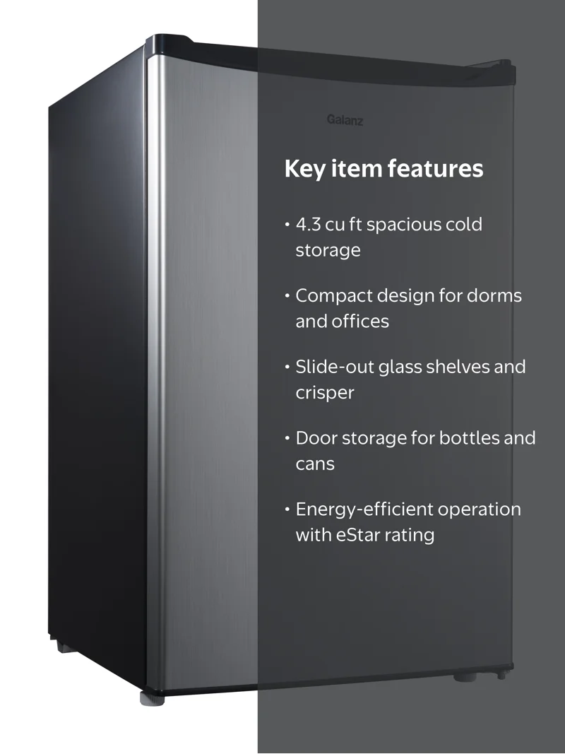 Galanz Dorm 4.3 Cu ft Single Door Mini Fridge, Stainless Steel
