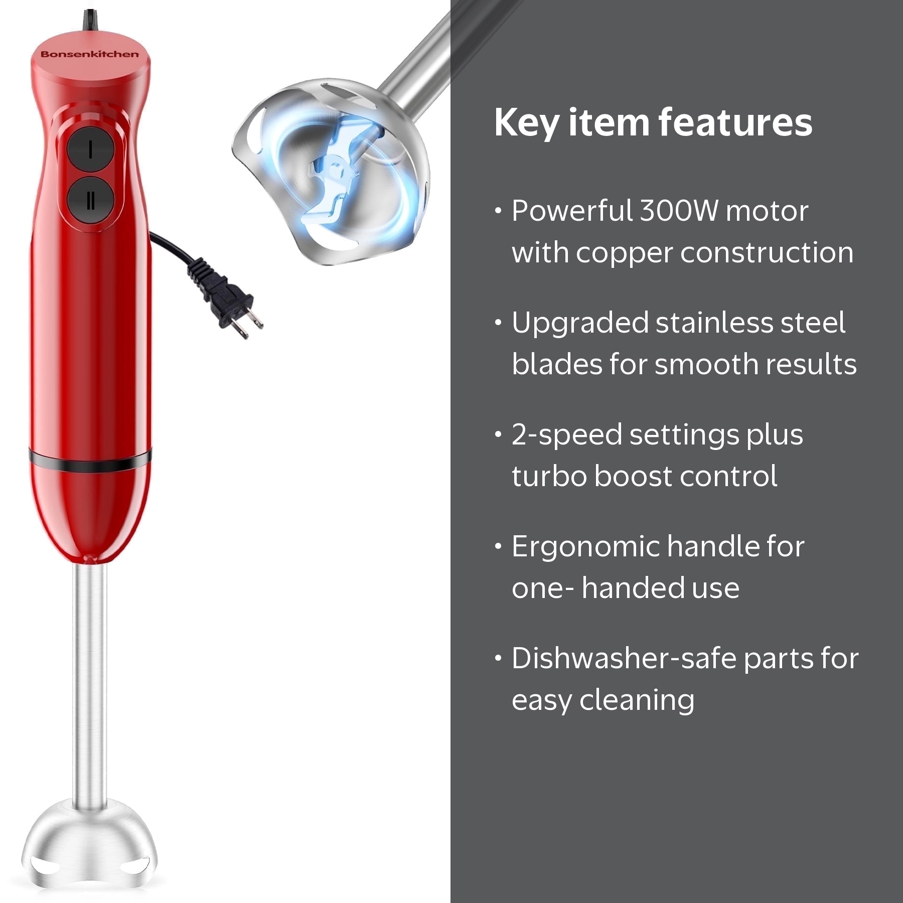 Bonsenkitchen, Handheld Blender, 2-Speed, Red, Stainless Steel