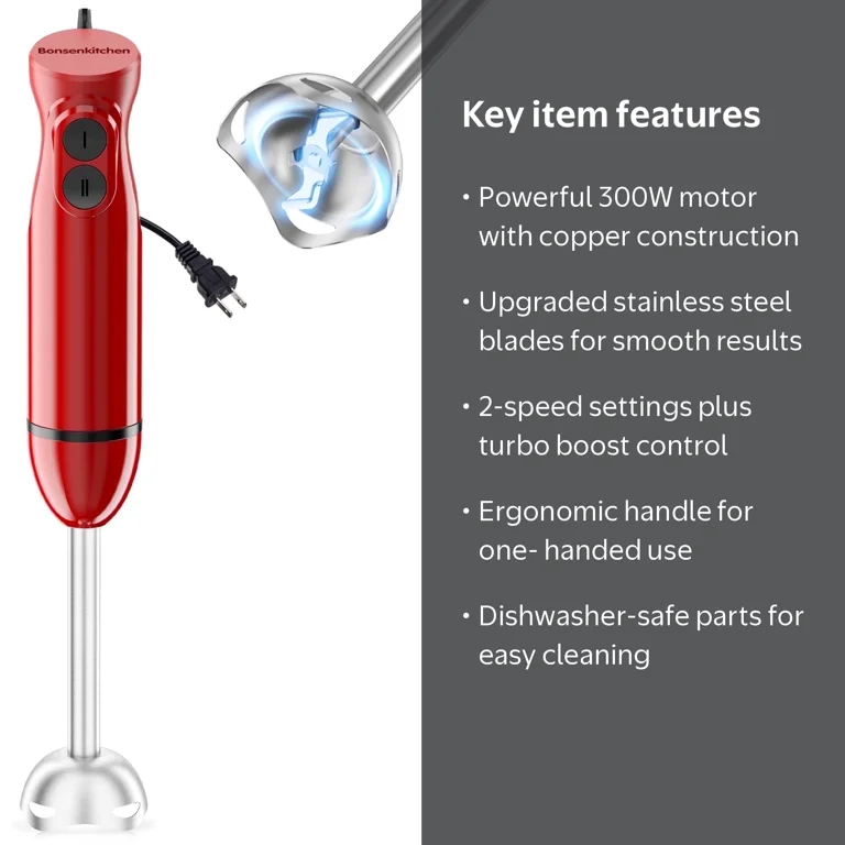 Bonsenkitchen, Handheld Blender, 2-Speed, Red, Stainless Steel