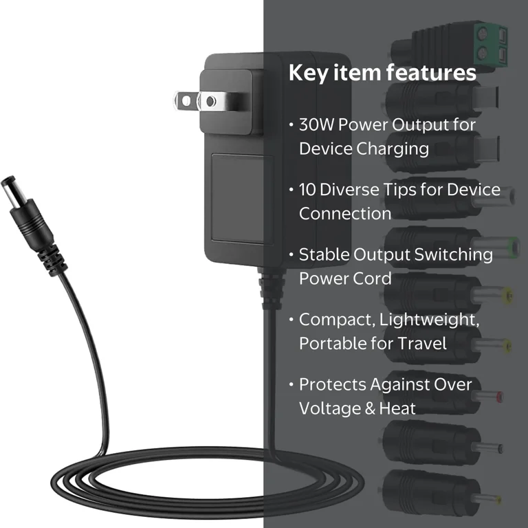 Guy-Tech 15V 2A DC Power Supply 30W 10 Tips Switching Power Cord