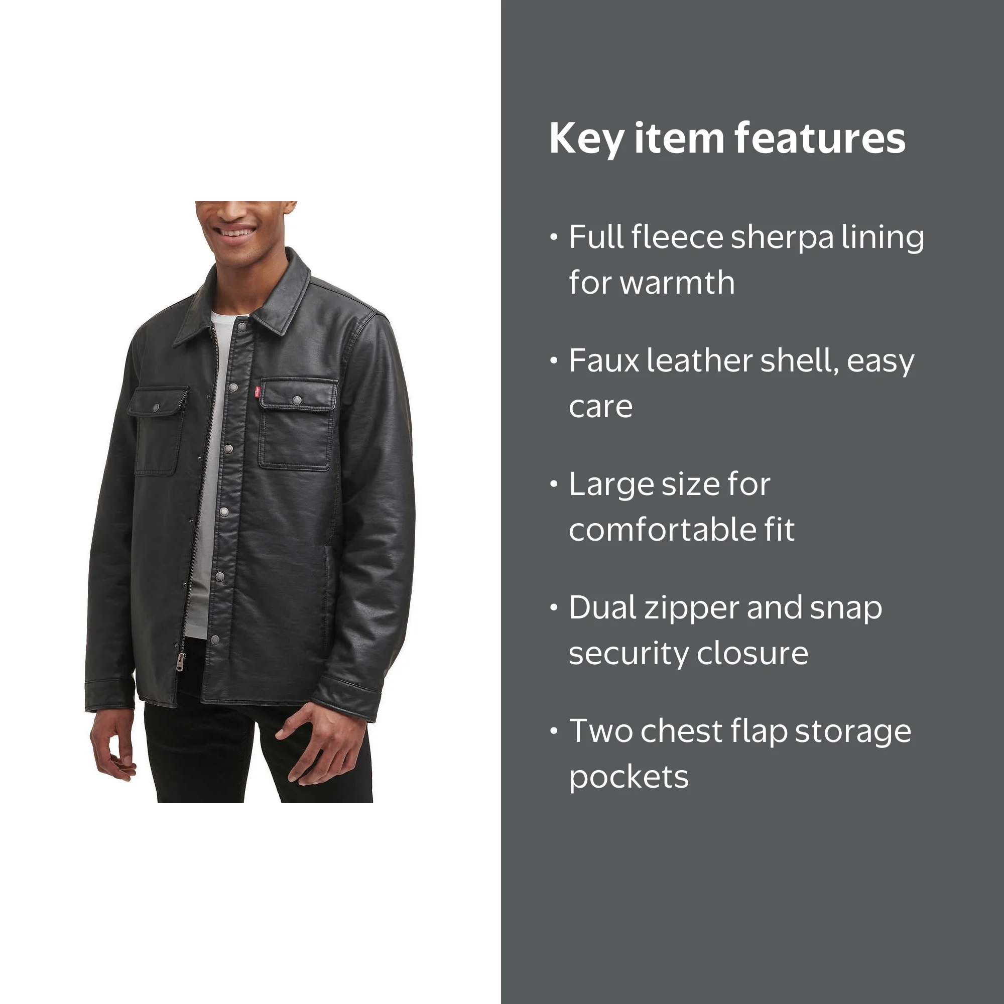 Levi's Men's Full Fleece Lining Faux Leather Jacket, Black, Large