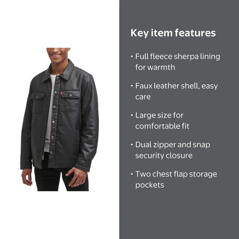 Levi's Men's Full Fleece Lining Faux Leather Jacket, Black, Large