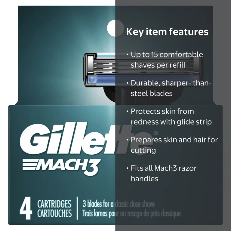Gillette Mach3 Razor Blade Refill, 4ct, for comfortable shaves