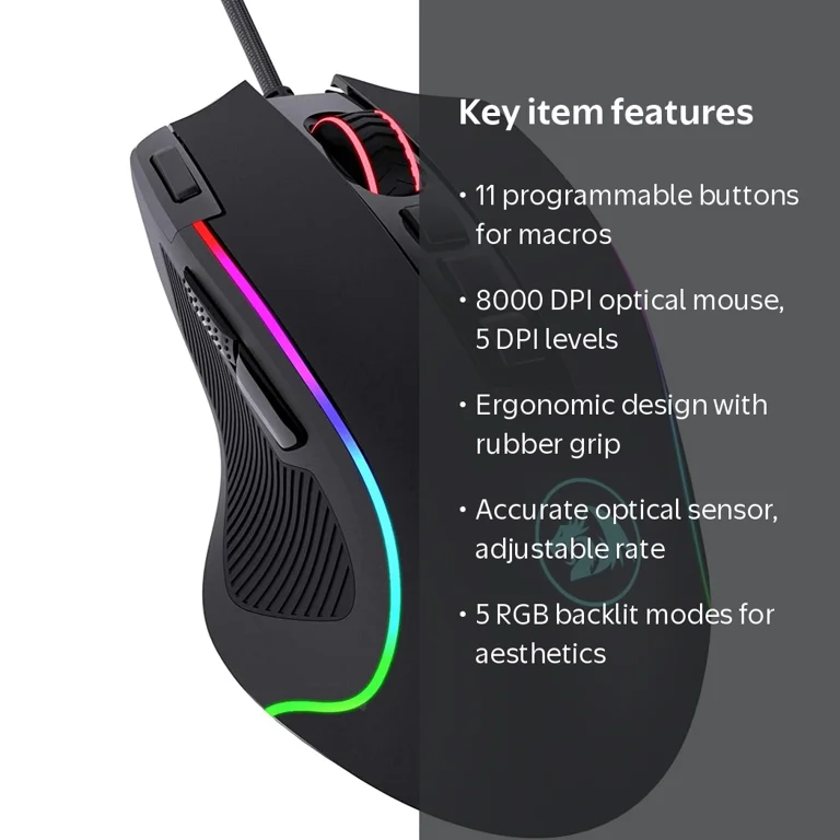 Redragon, Gaming Mouse, RGB, 8000 DPI, 11 Programmable Buttons