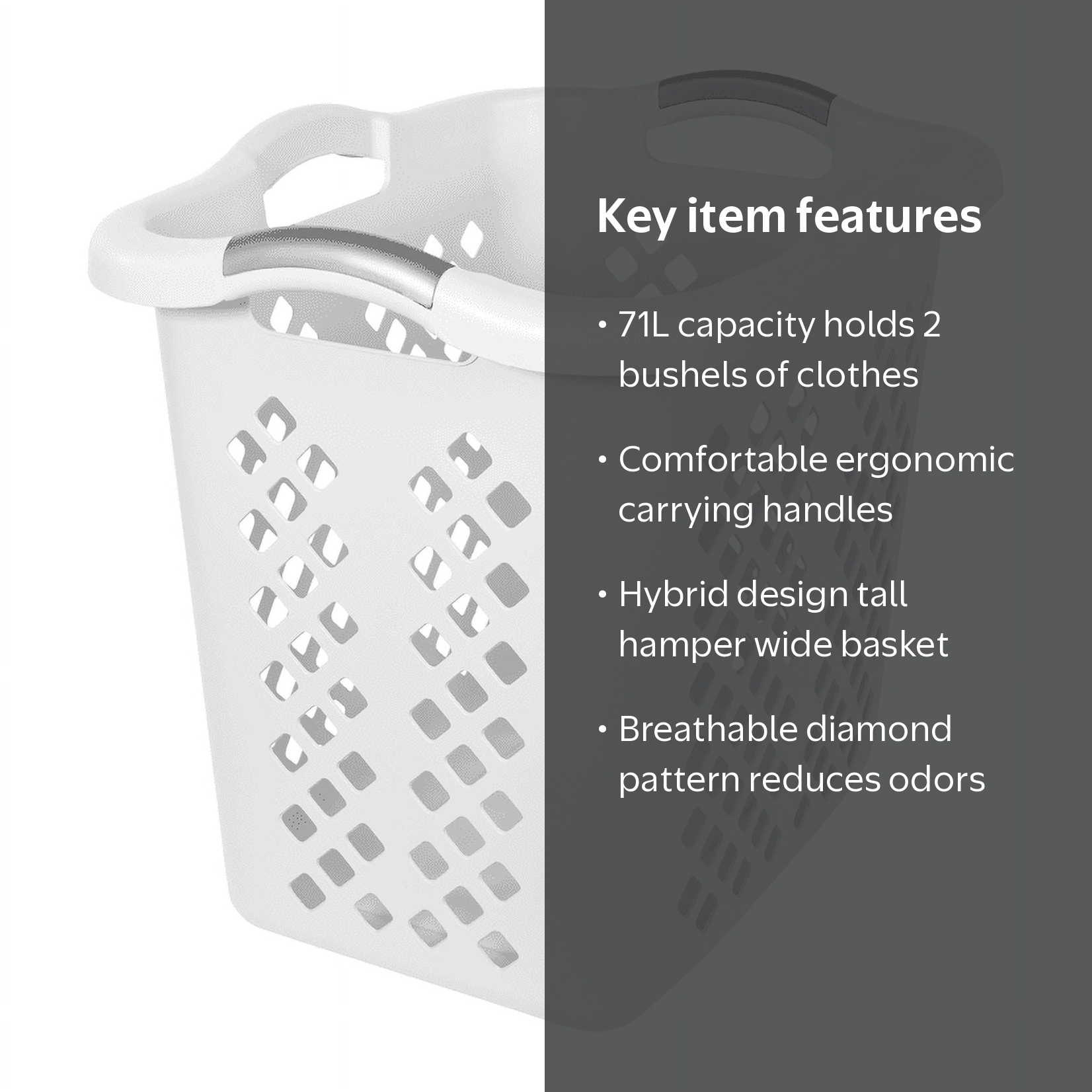 Home Logic Laundry Basket with Silver Handles, 2 Bushel Plastic