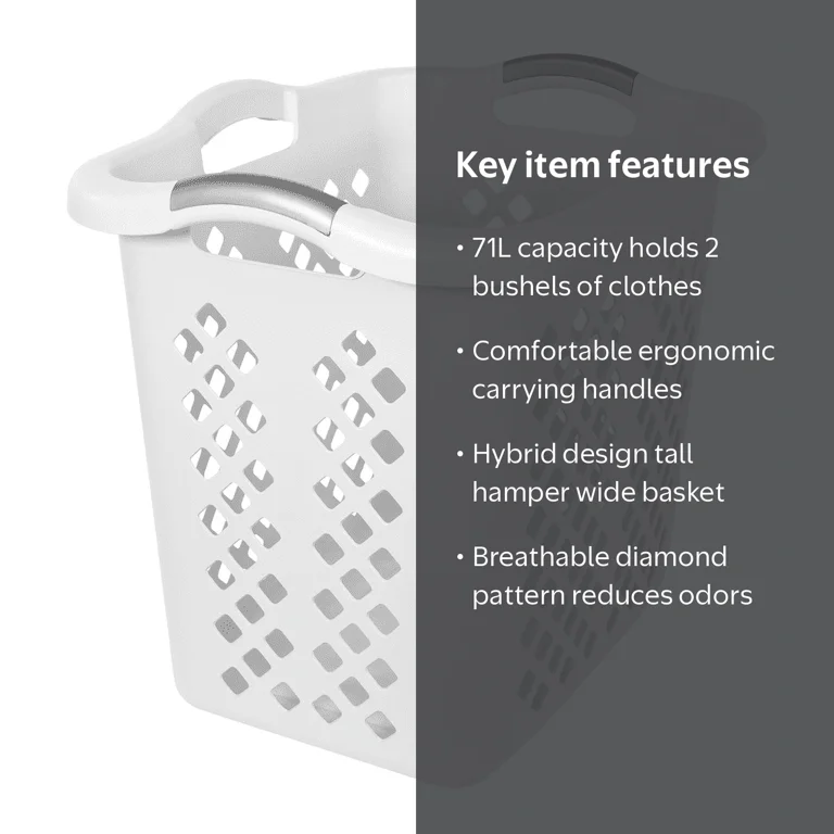 Home Logic Laundry Basket with Silver Handles, 2 Bushel Plastic