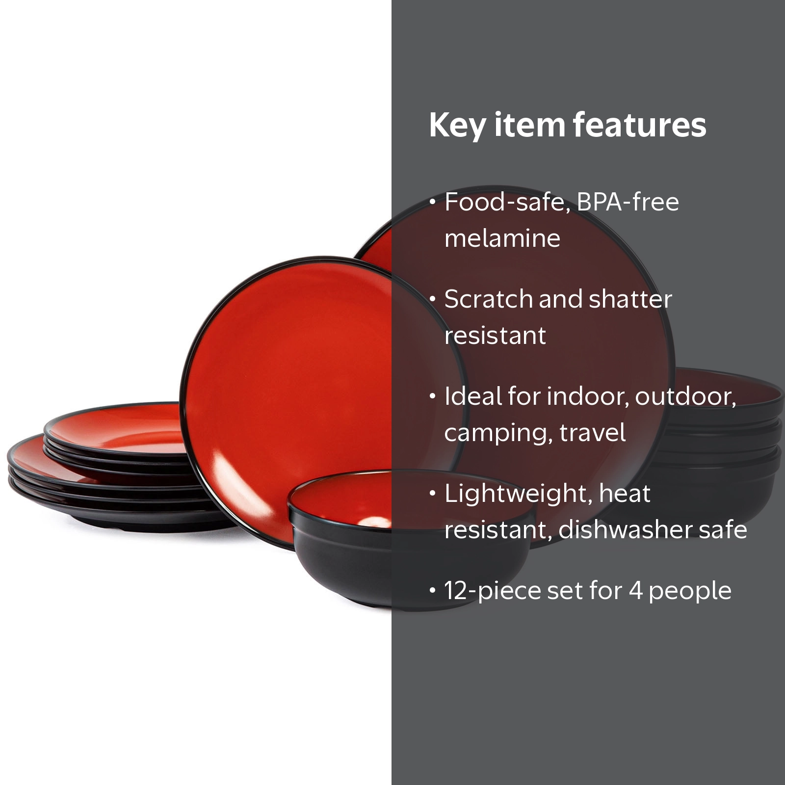 TP 12-Piece Melamine Dinnerware Set, Dishwasher Safe, Red & Black
