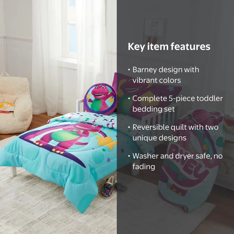 Barney Toddler Bedding, 5Pc Set, Comforter, Sheet, Pillowcase