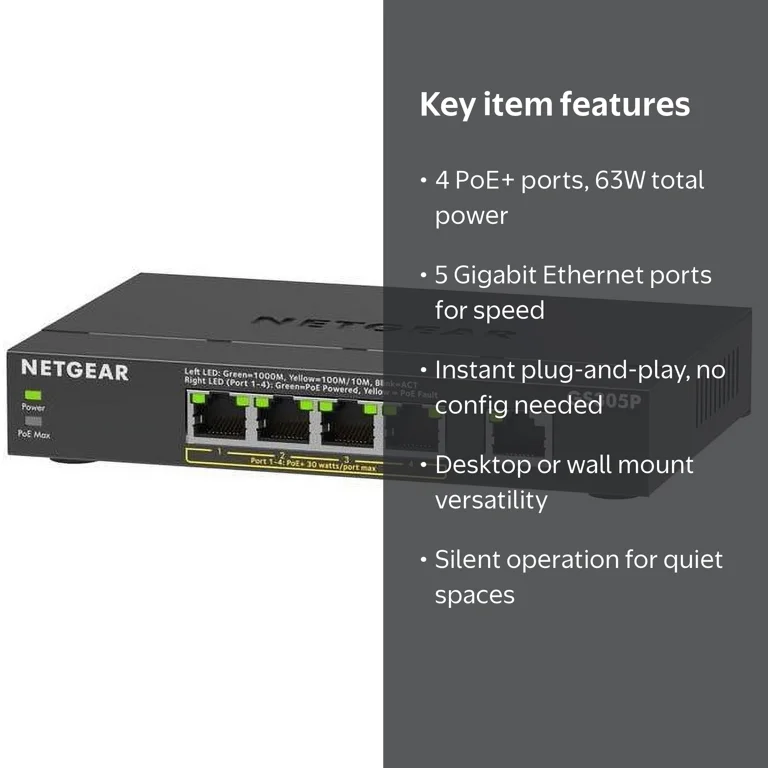 NETGEAR 5-Port PoE Gigabit Ethernet Unmanaged Switch GS305P-300NAS