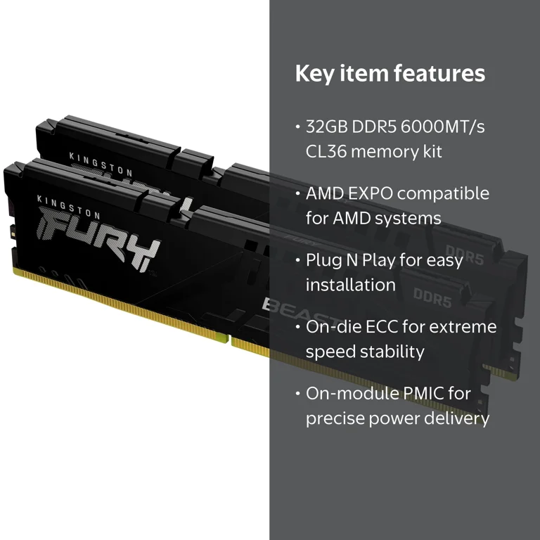 Kingston, DDR5 Desktop Memory, 32GB (2x16GB), 6000MT s, CL36