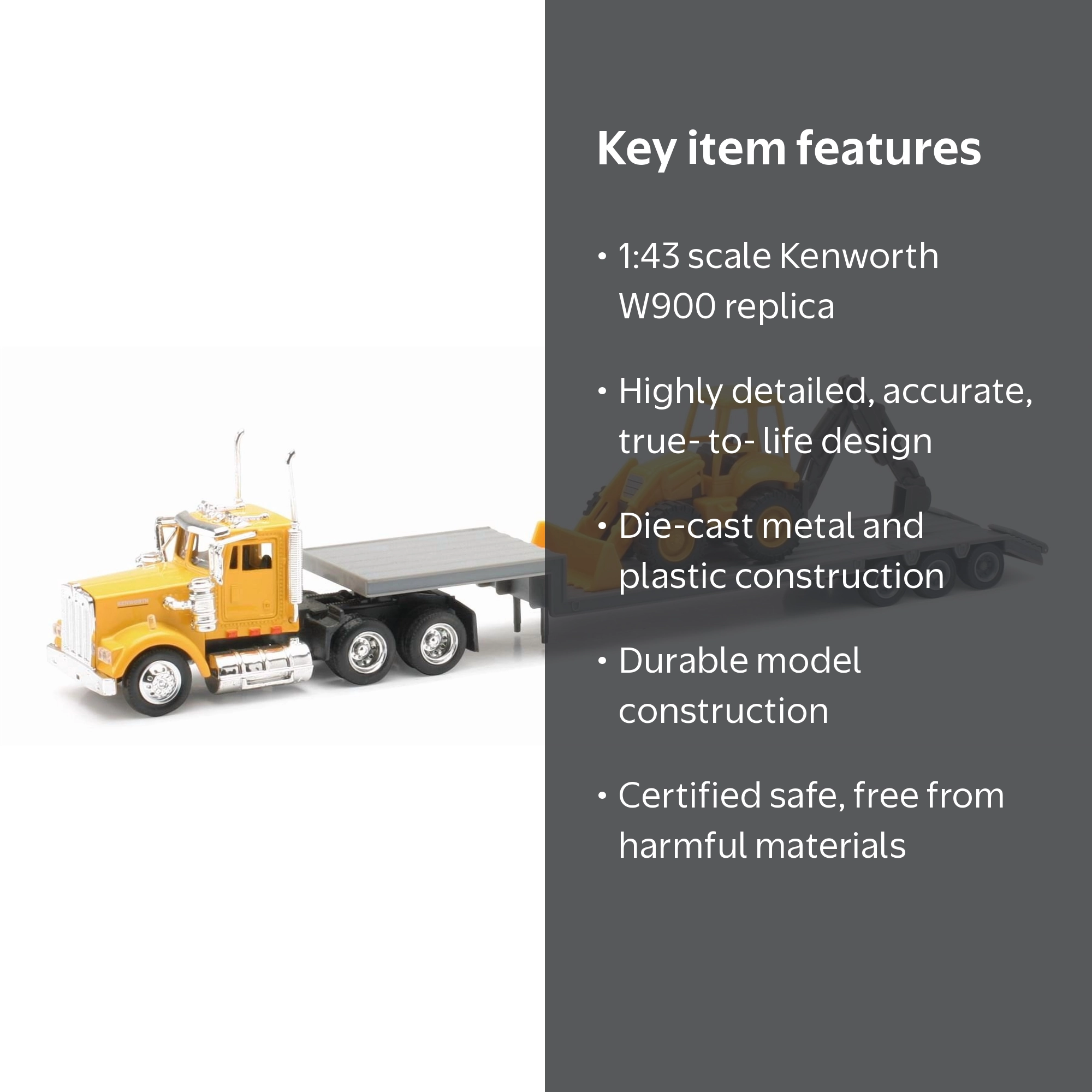 Newray 1:43 Trailer Kenworth W900 with Backhoe Loader, 1/43 Scale