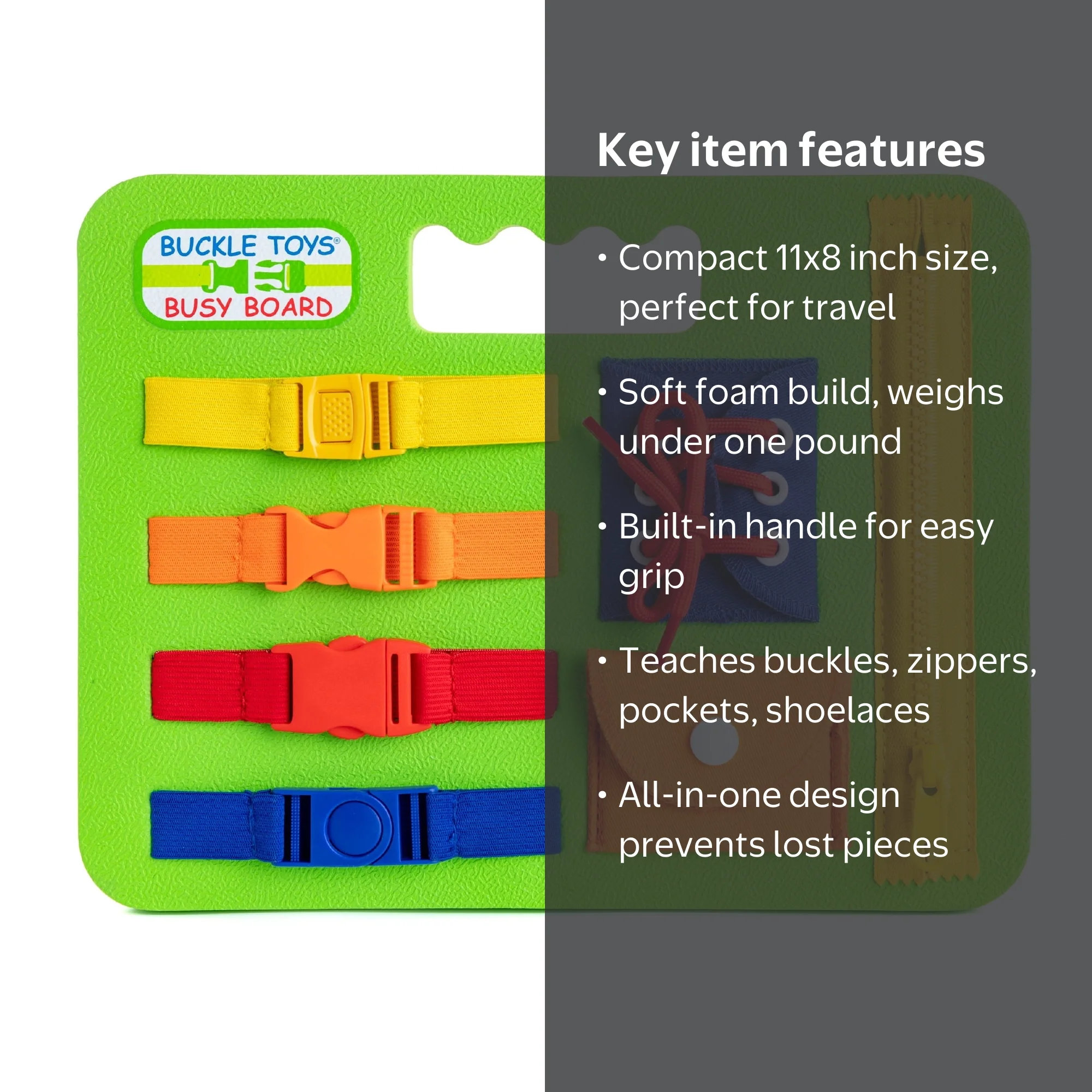 Buckle Toy Busy Board - Learn to Snap, Zip, Tie Shoe Laces, Buckle
