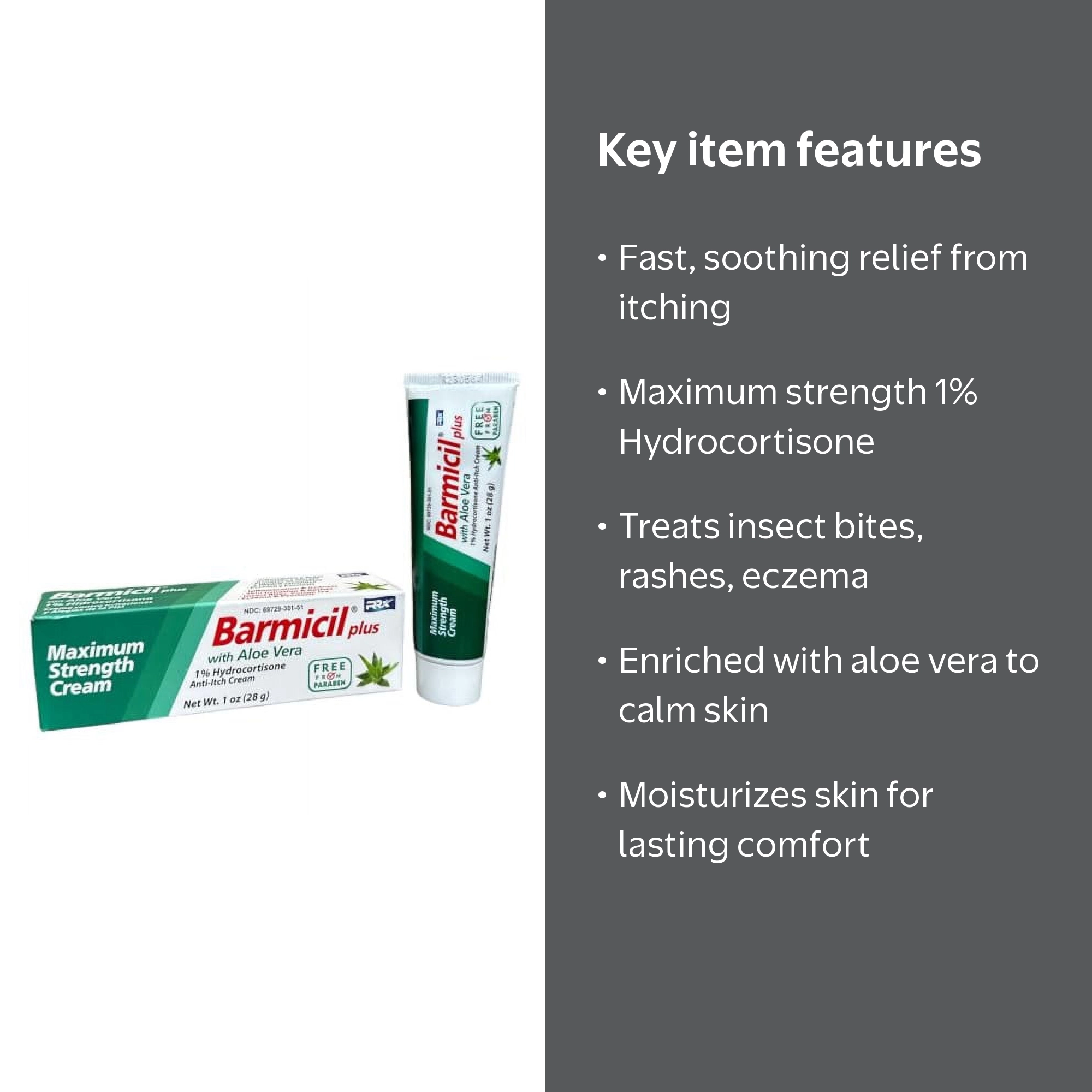 Barmicil Plus Cream, Aloe Vera, 1% Hydrocortisone, Anti-Itch