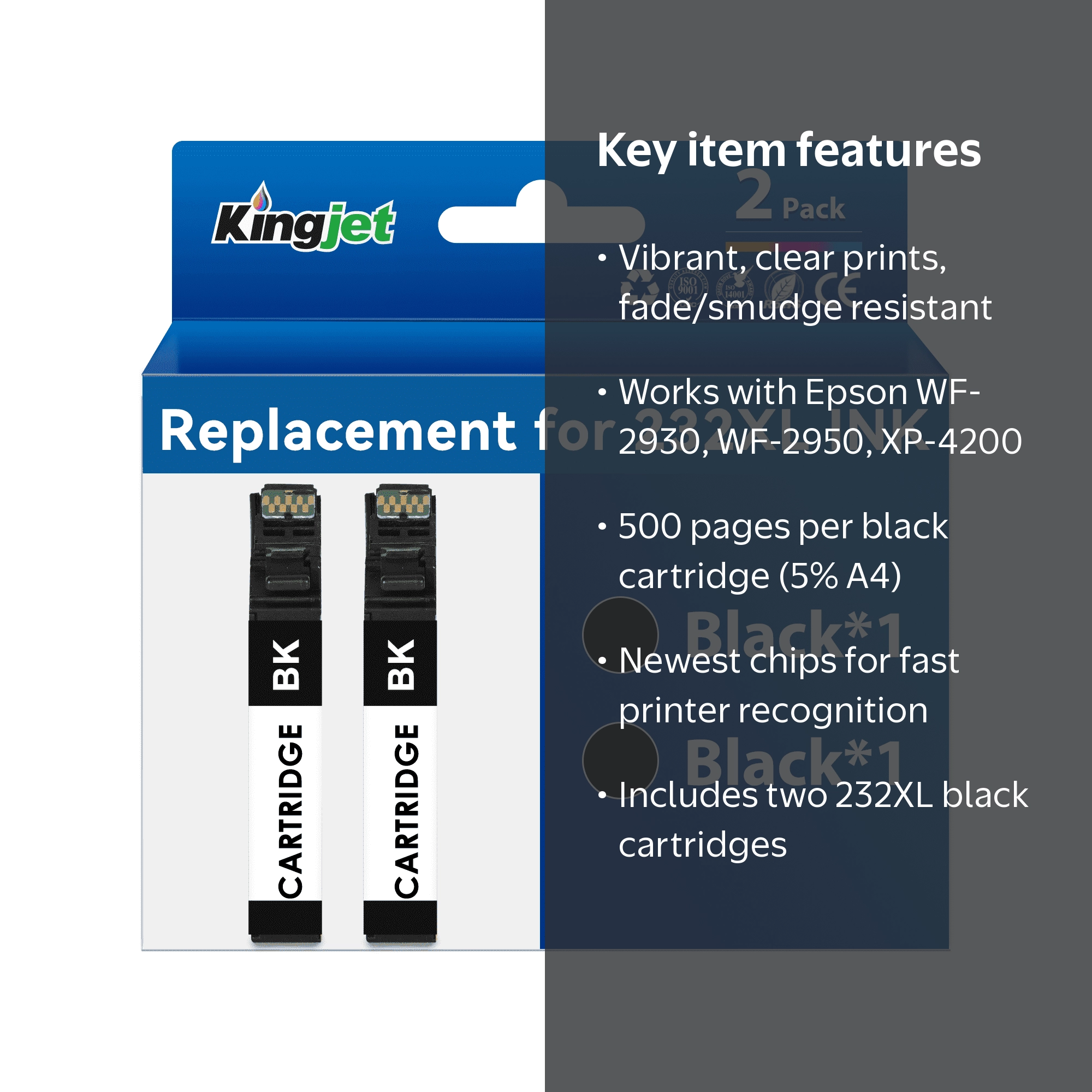 Kingjet 232XL Black Ink Cartridge, 500 Pages Yield, Compatible