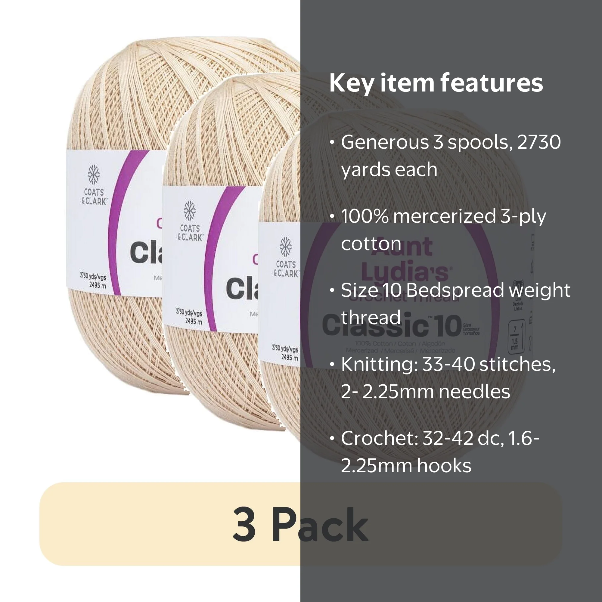 3 pack) Aunt Lydia's® Classic™ Natural Crochet Thread, 2730 Yards