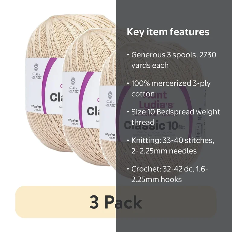 グアナラ8kg 3 pack) Aunt Lydia's® Classic™ Natural Crochet Thread, 2730 Yards