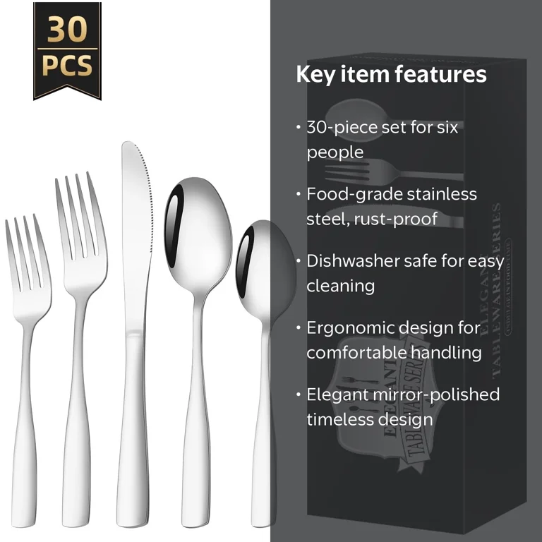 TINANA Silverware Set, 30 PCS Flatware for 6, Mirror Polished