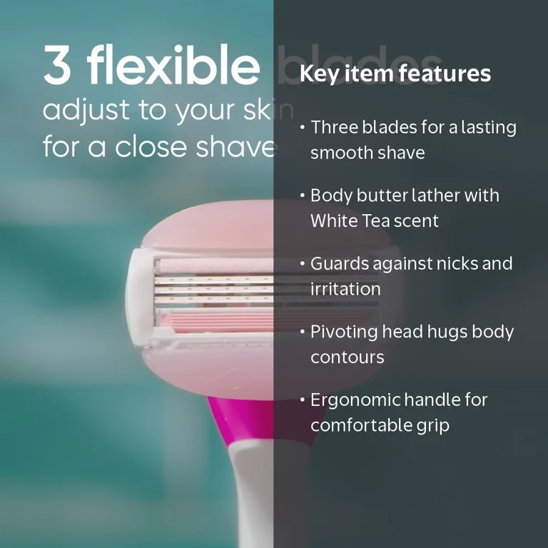 Venus White Tea Disposable Razor with 3 Blades, Flexible Gel Bars