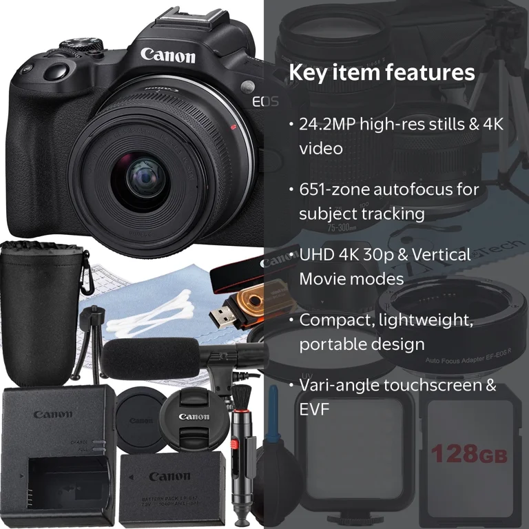Canon EOS R50 Camera with 18-45mm & 75-300mm Lens, SanDisk 128GB