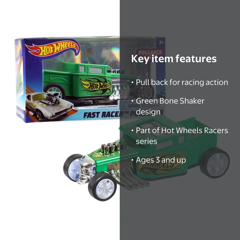 Hot Wheels Pull Back Racers, Green Bone Shaker, Kids Toys for Ages